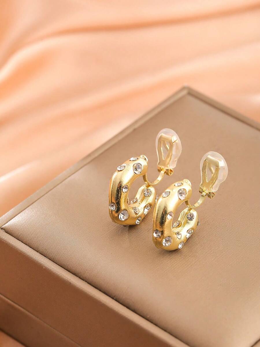 1 Pair Fashionable Elegant Rhinestone Clip-On Earrings, Hoop Design With High Quality Looks, For Daily Wear & Holidays - No Piercing Ear Clips - View 1