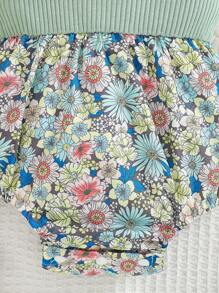 女婴夏季花卉细肩带连体衣，带蝴蝶结设计和头带，绿色钩针图案，适合乡村郊游 - 綠色 - 查看 5