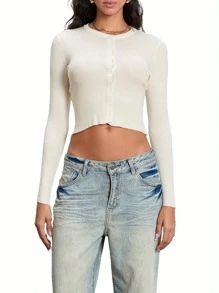 Women's Solid Color Knit Cardigan Button Down Long Sleeve Crew Neck Lightweight Sweater - Light Yellow - View 1