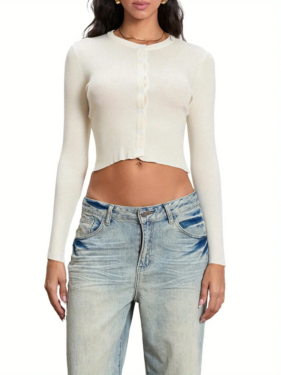 Women's Solid Color Knit Cardigan Button Down Long Sleeve Crew Neck Lightweight Sweater - Light Yellow - View 1