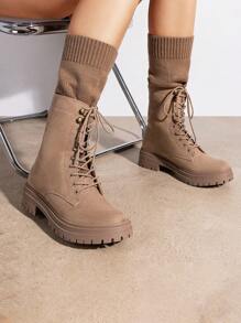 Women's Splicing Knitted MID-CALF Boots Tube Lace-Up Comfortable Party Commuter Winter Spring Christmas Elegance Boots