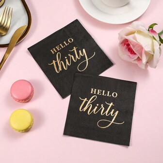 25*25cm 20pcs/Pack Black Base Golden Foil "HELLO THIRTY" Birthday Party Napkins, Suitable For 30th Birthday Party And Anniversary Celebrations, Disposable Paper Towels