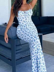 Women's Spaghetti Strap Dresses Drawstring Design Floral Print Slim Fit Long Bodycon Dresses Perfect For Summer Spring - Blue - View 7