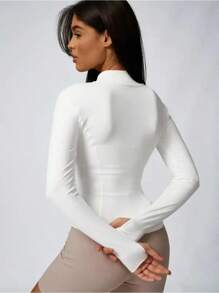 Women's Solid Color Zipper Turtleneck Sports Jacket, Long-Sleeved Sports Top, Gym Wear, Ladies' Sportswear For Indoor And Outdoo