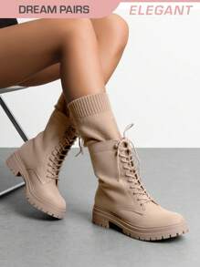 Women's Splicing Knitted MID-CALF Boots Tube Lace-Up Comfortable Party Commuter Winter Spring Christmas Elegance Boots