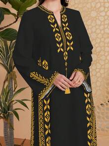 V-Neck Geometric Pattern Long Sleeve Maxi Dress, Casual For Everyday Wear - Black - View 3