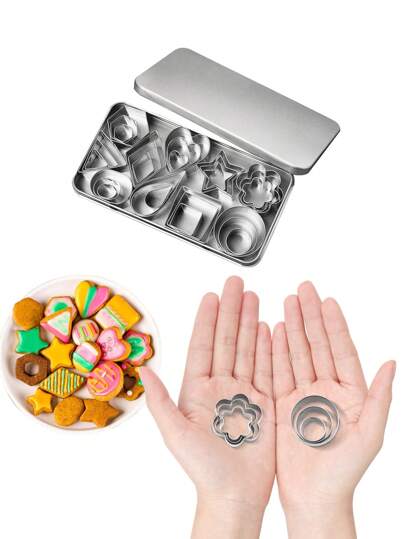 30 件饼干切具套装带盒，小号不锈钢花朵方形心形圆形星形三角形椭圆形饼干切具，聚合物粘土切具