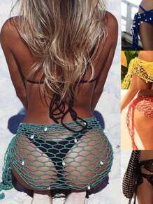 Women's Swimwear Triangle Wrap, Fishnet Solid Color Shells Swimsuit Skirt Bikini Cover-Up Shawl, Summer Beach Cover Up Holiday Streetwear Summer Fall Birthday Gifts - 黃色 - 查看 9