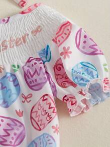 Baby Girl Easter Romper Letter Embropidery Bunny Print Short Sleeves Round Neck Bodysuit With Bow Headband - Purple - View 6