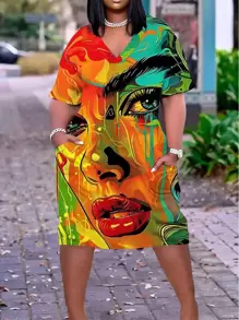 大码女式时尚肖像印花 V 领口袋连衣裙 - 彩色 - 查看 1