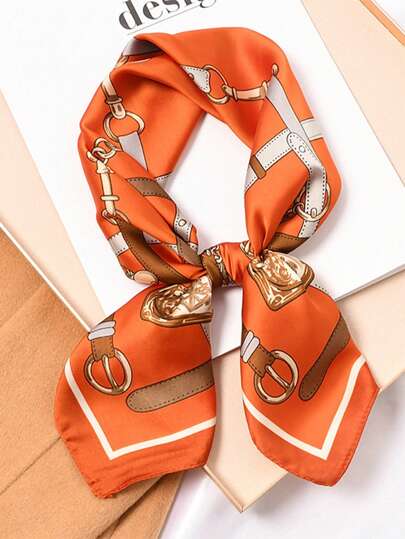 1 pièce Foulard carré en faux soie orange 70*70cm avec imprimé chaîne mode, nouveau foulard/bandeau/décoration de ceinture en style soie pour femmes, foulard professionnel pour robe