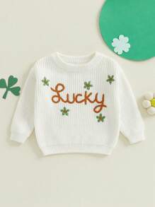 Suéter con bordado de trébol y letras para niñas y niños pequeños, jersey de manga larga para bebés, ropa de Irlanda, tops casuales de primavera - Blanco marfil - Ver 1