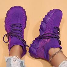 Women's Simple Plain Lace-Up Low Top Sock Sneakers, Summer 2024 Casual Comfortable Breathable Lightweight Sports Running Shoes - Purple - View 3
