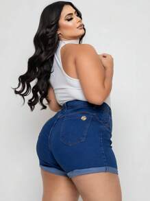 Plus Size Denim Shorts With Laycra, High Waist, Folded Hem - Azul Marino - Ver 2