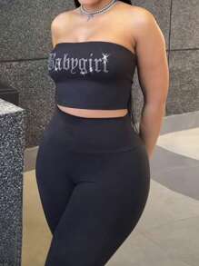 Women's Sparkling Rhinestone Decor Sleeveless Sexy Camisole Top & Pants Casual Sports Two-Piece Outfit, Summer - 黑色 - 查看 4