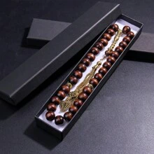33 sztuki brązowych drewnianych koralików Misbaha Tasbih - 10x12mm ręcznie robione koraliki modlitewne z zawieszką w kształcie liścia - odpowiednie na Salah i Dhikr - idealny prezent na Eid, Ramadan, okazje islamskie - do codziennej modlitwy - z pudełkiem prezentowym