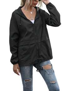 Women Water Resistant Hooded Jacket, Solid Color Zipper Open Front Drawstring Coat, L/ XL/ XXL - Black - View 5