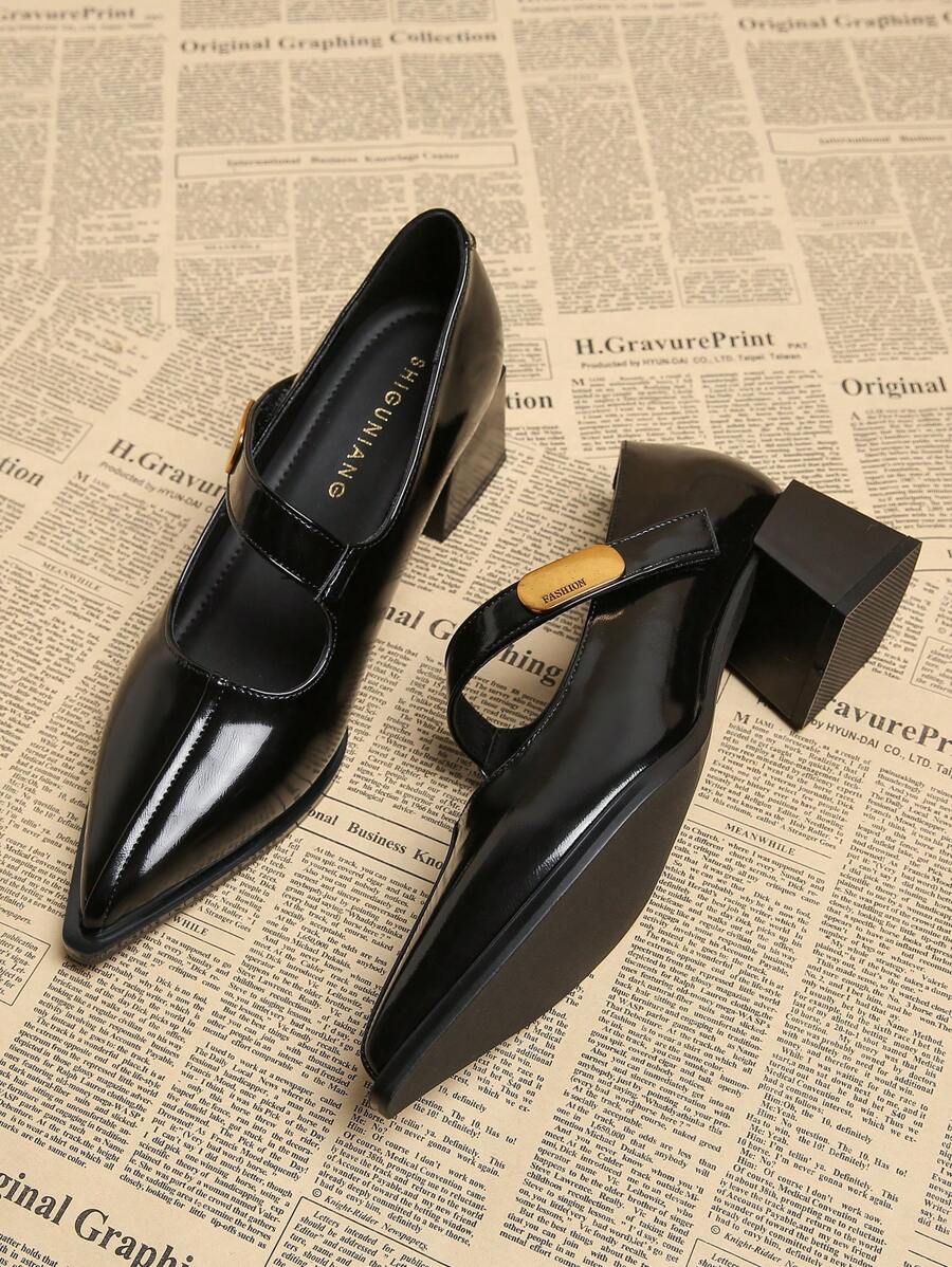 2026春季新款尖头低帮高跟鞋，优雅简约时尚女鞋，黑色粗跟高跟鞋 - 黑色 - 查看 1