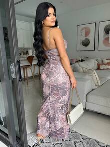 1pc Fashion Sexy High Slit Ruffle Hem Dress, Party Dress, Wedding Guest Cocktail Dress - Dusty Pink - View 4
