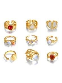9Pcs Y2K Crystal Rings Kpop Heart Adjustable Ring Asymmetric Geometry Punk Vintage Rings Set For Women Girls New Fashion Jewelry