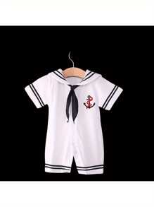 Baby Boy Girl Sailor Outfit Short Sleeve Striped Marine Navy Romper Bodysuit Jumpsuit Summer Party Casual Clothes - 白色 - 查看 2