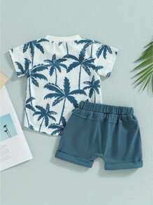Toddler Baby Boy Summer Clothes Palm Tree Short Sleeve Tee Shirt Beach Shorts Set Infant Tropical Outfits - Màu xanh lam - Xem 3