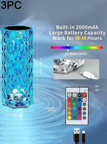 3-częściowa kryształowa lampa stołowa RGB zmieniająca kolor nocnego światła, romantyczna dioda LED Rose Diamond Touch Light (pilot zdalnego sterowania i sterowanie dotykowe) ściemnialna, ładowana przez USB dekoracyjna lampa otoczenia, odpowiednia do jadalni/baru/pokoju gier/salonu/sypialni