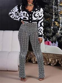 FQLWL Fall Y2K Colorblock Cardigan Sweater Woman V-Neck Button Cropped Sweaters Casual Long Sleeve Warm Knit Outerwear - Black - View 3