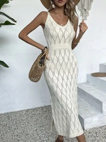 Damen Lässig V-Ausschnitt einfarbiges gehäkeltes Kleid mit Schlitzausschnitt, komplett weiß für den Sommer, cremeweiß/gelb für den Schulanfang im Herbst, würdevolles langes Partykleid für Herbst/Winter (Muster zufällig) - Aprikosenfarben - Übersicht 5