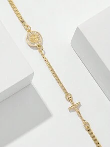 1pc Classic Fashion Micro-Inlaid Cubic Zirconia Copper Chain, Gold Plated, Multi-Layer Floral Embossed Catholic Saint Benedict & Jesus Cross Charm Bracelet, Suitable Gift For Mother/Valentine's Day/Couples/Sisters/Friends/Believers, For Daily Use & Prayers