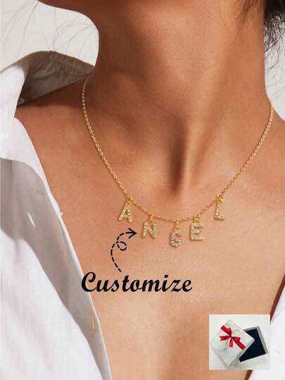 1pc Fashionable Minimalist Personalized Stainless Steel Zirconia Letter Women Nickname Short Gold Necklace