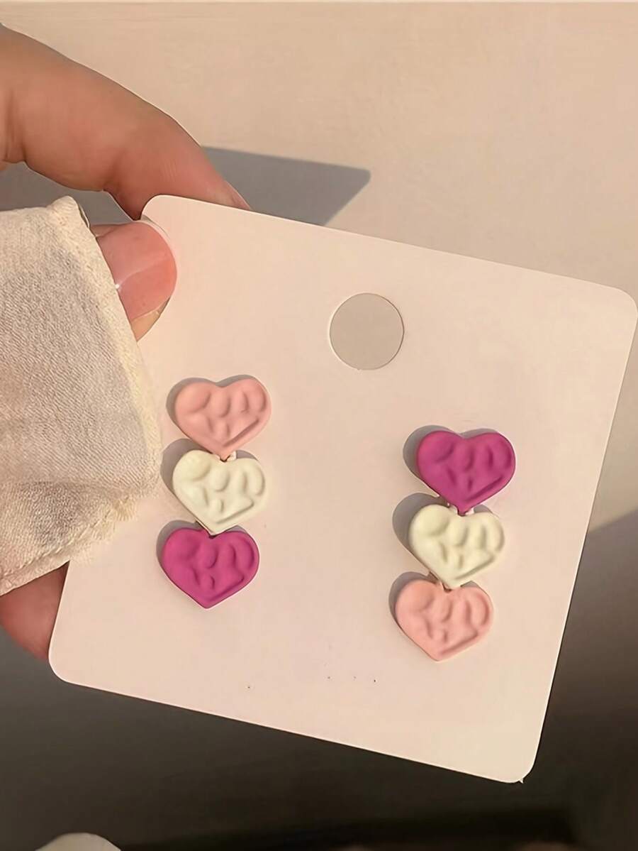 1对粉色渐变心形可爱甜美耳环，少女风 - 彩色 - 查看 1