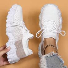 Women's Simple Plain Lace-Up Low Top Sock Sneakers, Summer 2024 Casual Comfortable Breathable Lightweight Sports Running Shoes - 巧克力棕 - 查看 2