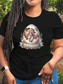 HAPPY EASTER Cracked Eggshell Wings Angel Print Short Sleeve Cotton T Shirts For Women Crewneck Classic