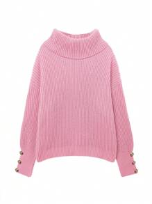 Women's Loose High Neck Sweater, Casual & Formal Ribbed Knit Long Sleeve Pullover, Button Design, Dry Rose Pattern - Baby Pink - View 5