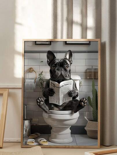 1pc Interesting French Bulldog Canvas Art Print On Toilet - The Perfect Gift For Dog Lovers, Suitable For Frameless Wall Decoration In Living Rooms And Bedrooms