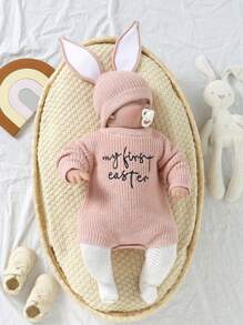 Suéter informal de Pascua para bebé, mono de manga larga con bordado de letras y gorro - Rosa - Ver 1