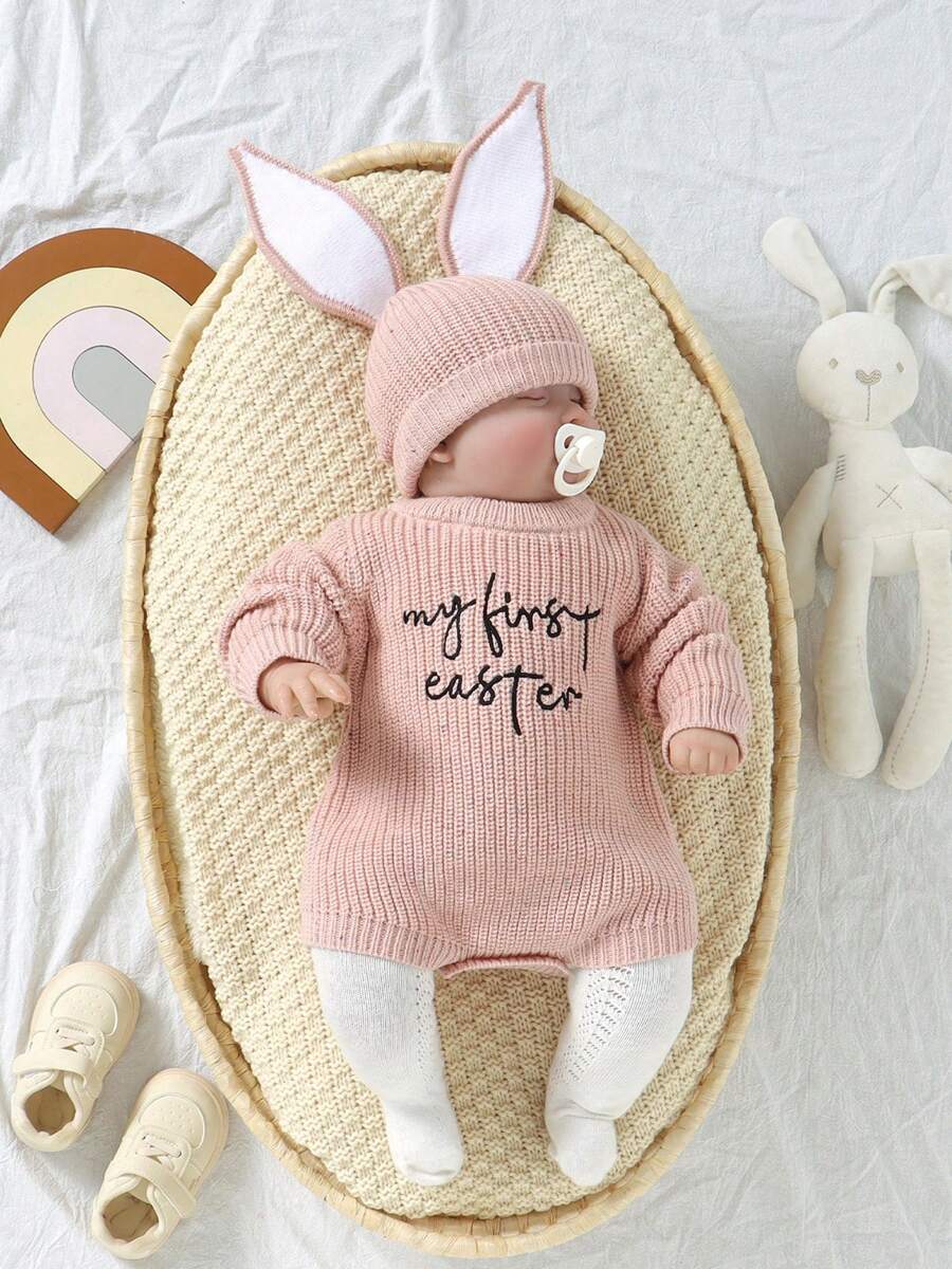 Suéter informal de Pascua para bebé, mono de manga larga con bordado de letras y gorro - Rosa - Ver 1