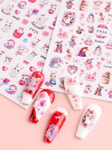 2pcs Valentines Nails Pink Bunny Heart Balloon Nail Art Stickers & Decals, Lovely Rabbit Bownot Romantic Nail Charms Decorations DIY Wedding Holiday Nail Supplies - Multicolor - View 3
