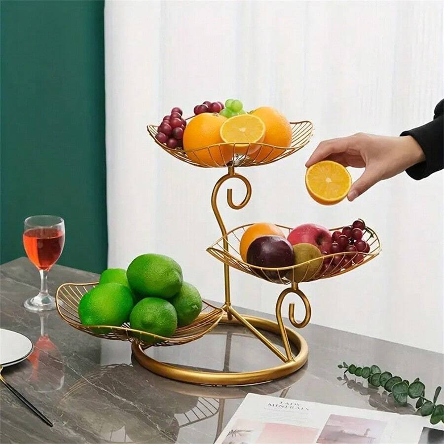 1PC Giá để giỏ đựng trái cây 3 tầng, Bát đựng trái cây bằng sắt trang trí, Khay đựng trái cây bằng dây kim loại, Khay đựng để bàn, Giá để rau, Bánh mì, Đồ ăn nhẹ, Bát đựng trái cây hiện đại dùng trong nhà bếp và gia đình (Màu vàng) - Vàng - Xem 1