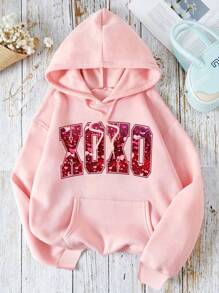 Valentine's Day XOXO Letter Print Dropped Shoulder Casual Hoodie