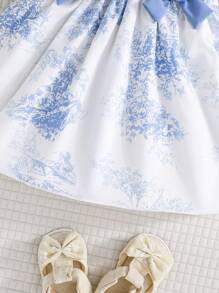 夏季女童休闲可爱线条花卉荷叶边袖腰部双蝴蝶结装饰连衣裙