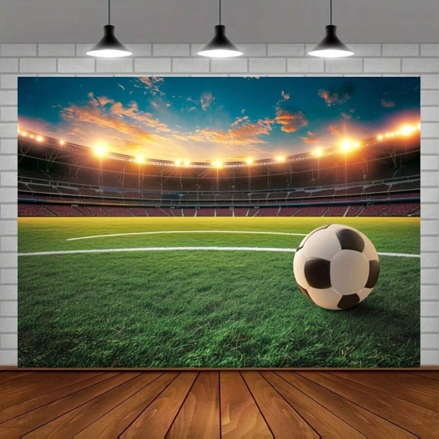 1 Stück Polyester Fußballfeld Hintergrund, vielseitig einsetzbare Sportspiel Party Kulisse mit Scheinwerfern, ohne Stromanschluss erforderlich, geeignet für Abschlussfeiern und allgemeine Feiern, Fotostudio Requisiten, grünes Glas, Fußballfeld, Fußball Dekoration Requisiten, Fotografie - 1 - Übersicht 1