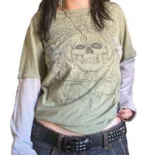 Women Y2k Fairy Grunge Long Sleeve T-Shirt Goth Graphic Print Crewneck Patchwork Shirts Gothic E-Girl Emo Tees Tops Vintage Aesthetic Clothes Streetwear - 綠色 - 查看 2