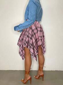 Plus Size Hip Hop Plaid Skirt 2025 - Women's Streetwear Tartan Skirt With Detachable Sleeves, Multi-Color Rap Style Skirt, High Waist A-Line Skirt With Belt (1X-5X) - Pink - View 5