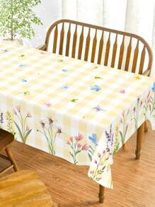1pc, Spring Flower Easter Tablecloth, Polyester Yellow Plaid Floral And Grass Design Rectangular Table Cover, Festive Spring Themed Outdoor/Indoor Party Supplies Decoration, Easter Decoration For Home Kitchen Table Decor
