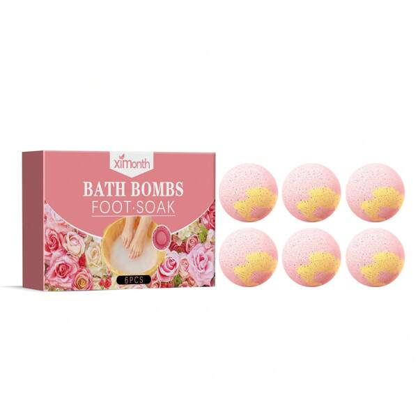 1 Box 6pcs Sea Salt & Rose Foot Soak Bombs, Moisturizing, Nourishing, Softening, Repairing, Foot Cleaning Exfoliating Bath Fizzer Balls