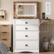 Farmhouse Makeup Vanity Table With Sliding Stool – Fold-Up Mirror, Divided Storage, Power Outlet, And Adjustable LED Light, Ideal For Small Spaces - View 3
