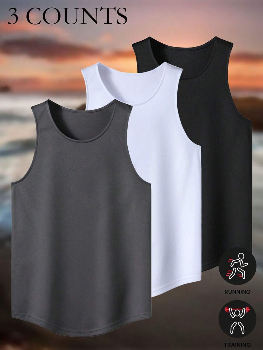 Set de 3 camisetas de tirantes de hombre de verano, nuevas, ligeras, de seda de hielo, de cuello redondo, con camisetas de manga corta de bambú de secado rápido, de corte holgado, para deportes y casual