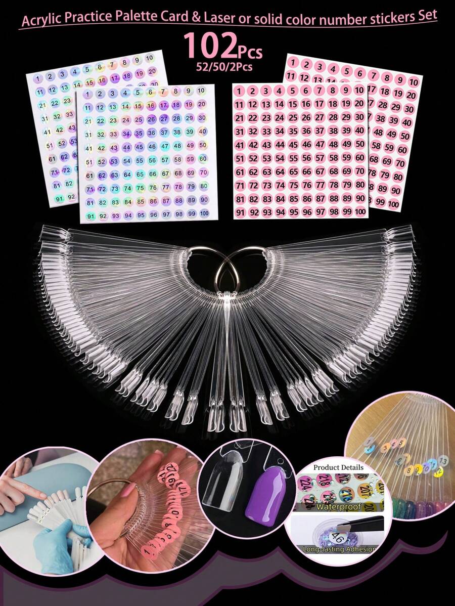 2/50/52/102片装假指甲/美甲展示亚克力练习调色盘卡片及1-100连续数字贴纸套装，美甲展示套装，包含彩色调色盘棒和数字标签 - 无异味，激光切割圆形防水编码相册标签，用于展示美甲设计工具、美甲贴纸、指甲油调色盘，适合美甲DIY、家庭美甲沙龙使用。